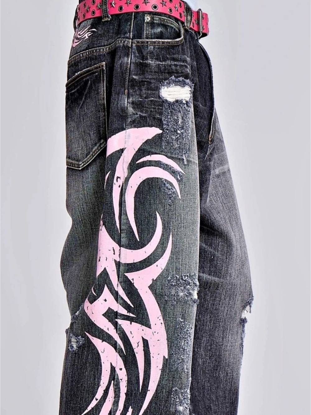 Jaded London Abstract Graphic Straight Leg Jeans in Black & Pink